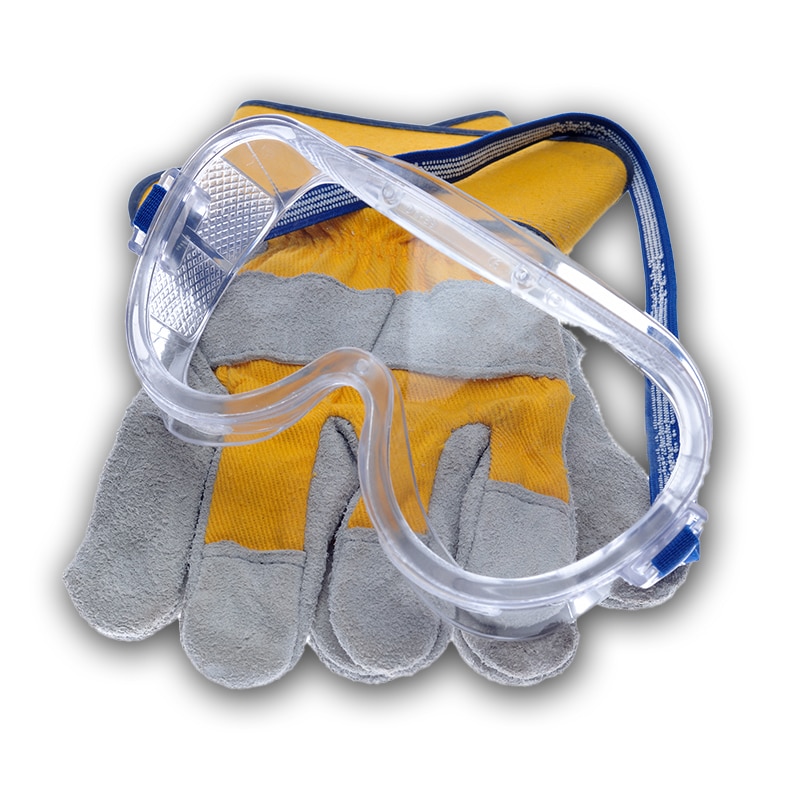 A pair of safety goggles and rubber gloves