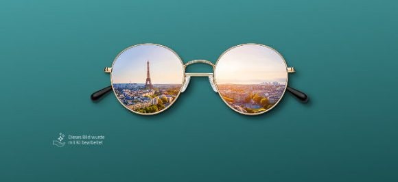 Auf dem Bild sieht man eine Sonnenbrille, in deren Gläsern sich eine Stadt spiegelt.