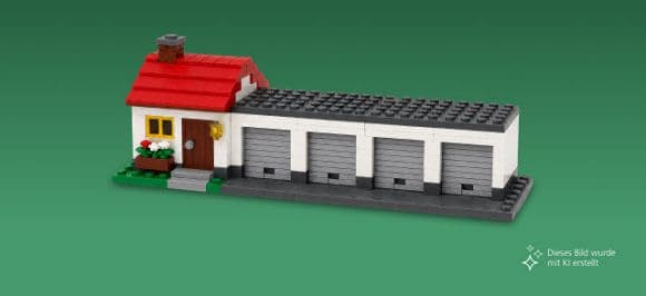 Auf dem Bild sieht man ein kleines Einfamilienhaus mit vier Garagen auf einem grünen Hintergrund.