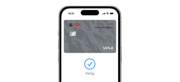 Mobiler Bildschirm mit UBS VISA Karte und dem Wort „Fertig“, das eine erfolgreiche Zahlung bestätigt.