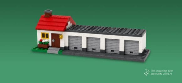 In the picture, you can see a small single-family LEGO house with four garages on a green background.