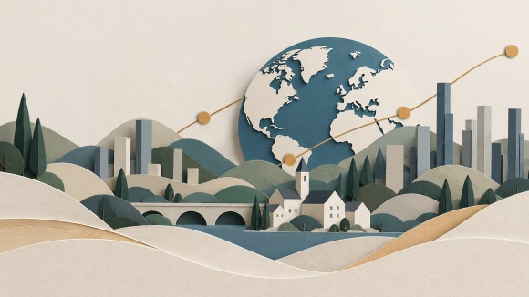 Papierartige Illustration mit einem Globus im Hintergrund und Städten im Vordergrund.