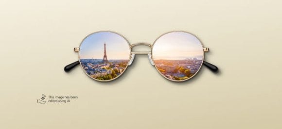 In the picture you can see a pair of sunglasses, with a city reflected in the lenses.