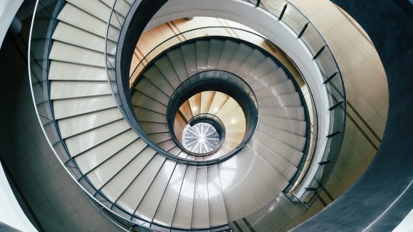 Looking down into a spiral staircase
