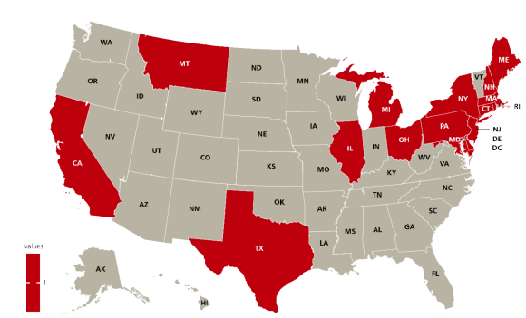 A map of the US with 17 states and jurisdictions, including DC, having deregulated electricity markets.