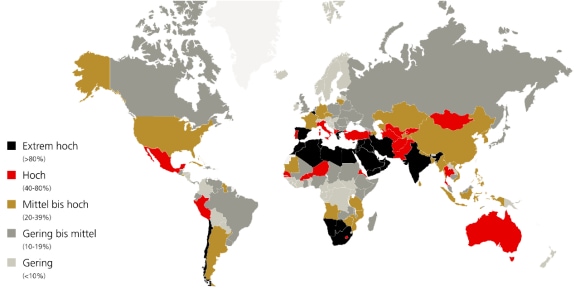 Karte mit den prognostizierten Wasserstressniveaus nach Ländern im Jahr 2050 unter einem Business-as-usual-Klimaszenario.
