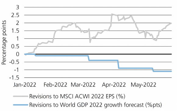 Downside risks to profit estimates due to slowing growth. Line chart tracking change by percentage points in 2022 earnings per share estimates by companies in the MSCI ACWI and in revisions to World GDP 2022 growth forecast from January 3 through May 31 2022.