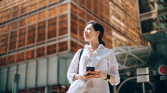 Woman near building