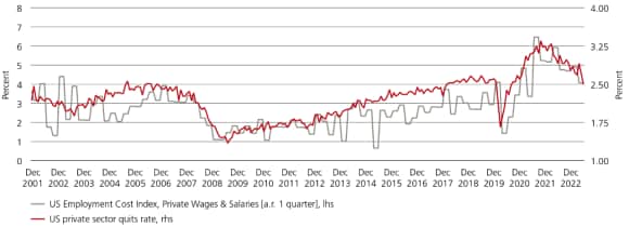 The graph showing indicators of the US labor market (the US Employment Cost Index and the US private sector quits rate).