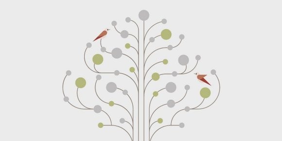 Abbildung eines Baumes mit zwei Vögeln auf Ästen.