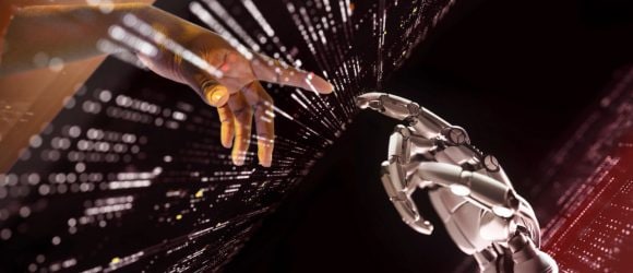 Human hand touching robotic hand