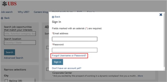 Screenshot of Forgot Username or Password