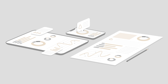 Illustration, charts on piece of paper and mobile devices