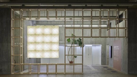 Geometric light display with plant in modern frame