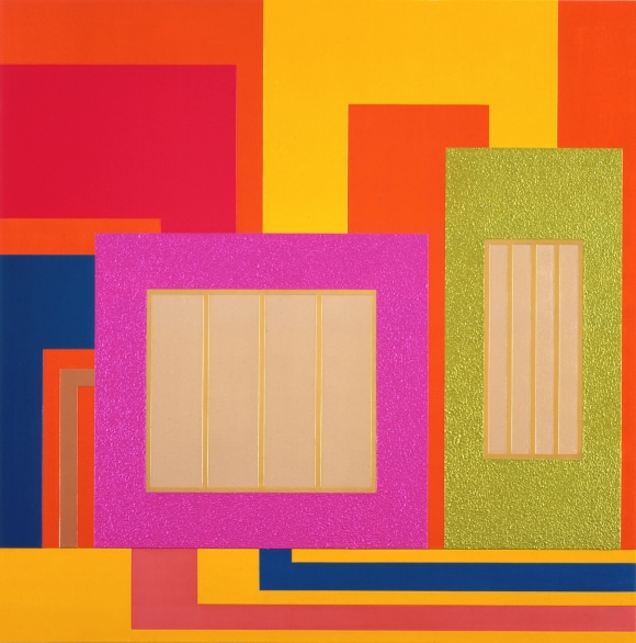 Geometric mixed media painting in bright colors