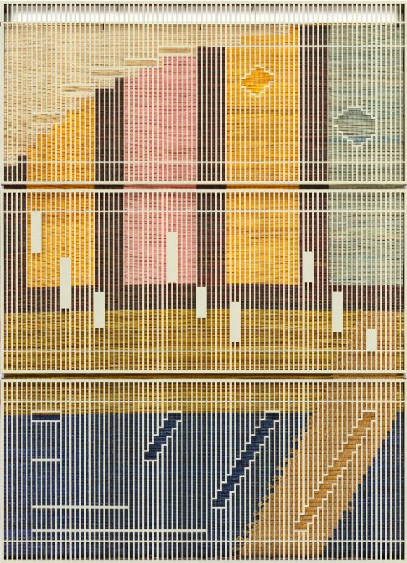 Painted steel, woven dyed Hwamunseok, nylon thread, wood frame, brass bolts, leather scraps