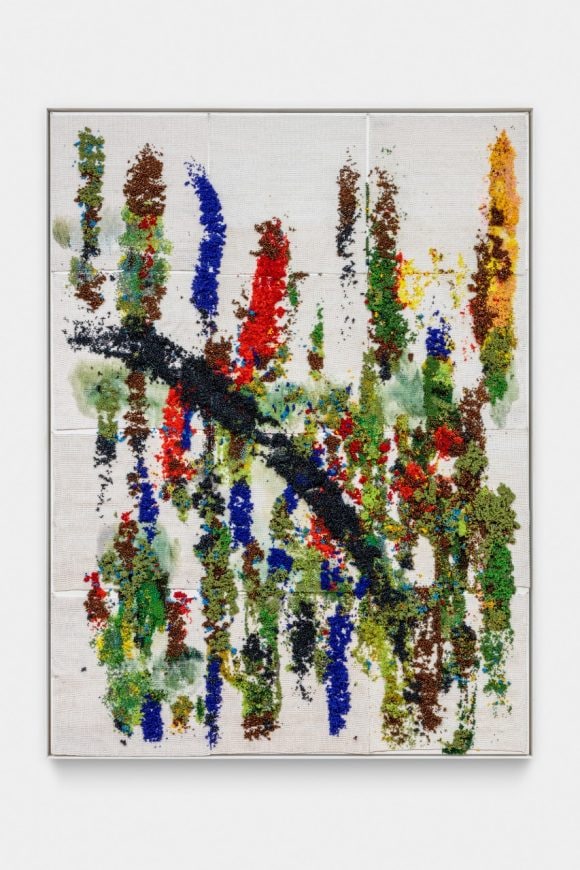 ‘Get Off My Cloud,’ 2024 Glass beads, oil paint and thread mounted on stretched canvas