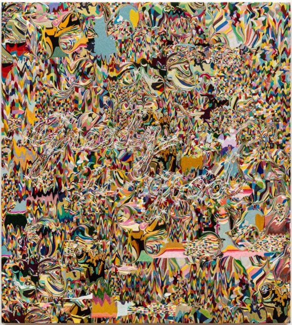 ‘Needling Whisper, Needle Country / SMS Series in Camouflage / Greedy is good K01-01-01,’ 2020 North Korean hand embroidery, silk threads on cotton, middle man, smuggling, bribe, tension, anxiety, censorship, ideology, wooden frame, approx. 1000hrs/1person