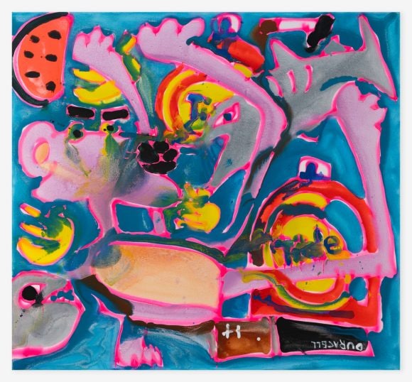 Blue painting with bright colored Pink Panther and tide detergent