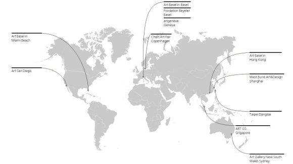 A world map indicating the geographic location of all current UBS Art Sponsorships