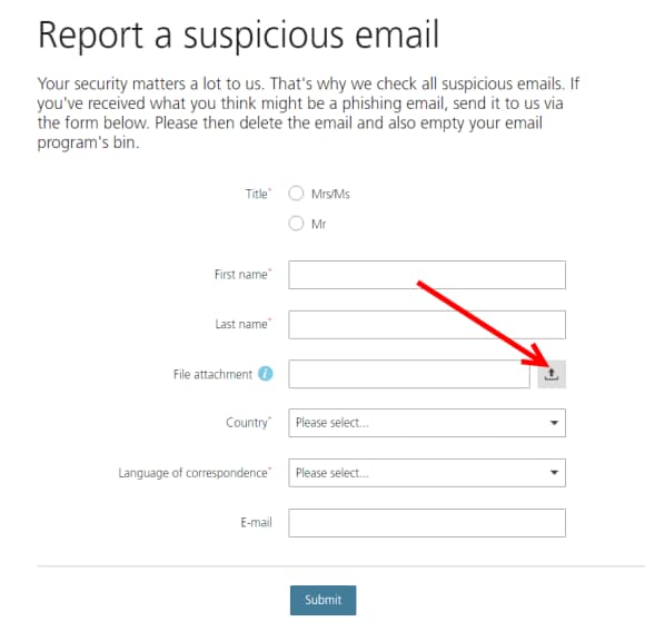 Screenshot of form pointing to upload icon to upload the email