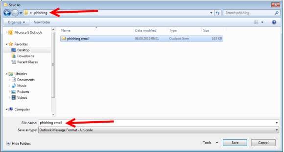 Screenshot of dialog box saving file in Desktop folder
