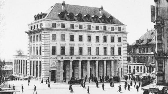 A black and white photo of a building from the history of UBS