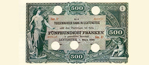 500 Francs banknote issued by Toggenburger Bank in 1905