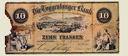 Swiss Franc banknotes issued by Toggenburger Bank