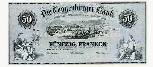 Zurich Bahnhofstrasse50-Francs banknote of the Toggenburger Bank (1905)