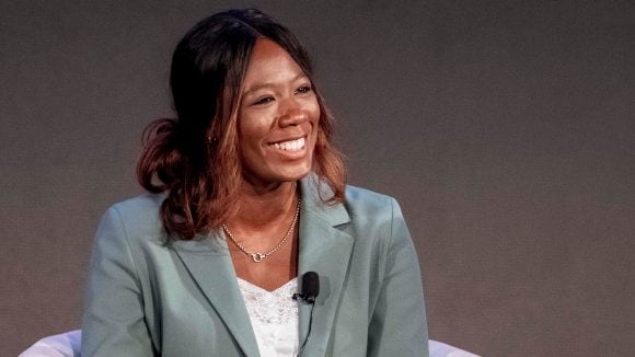 Woman is smiling