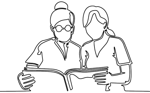 Illustration of two girls sharing a book
