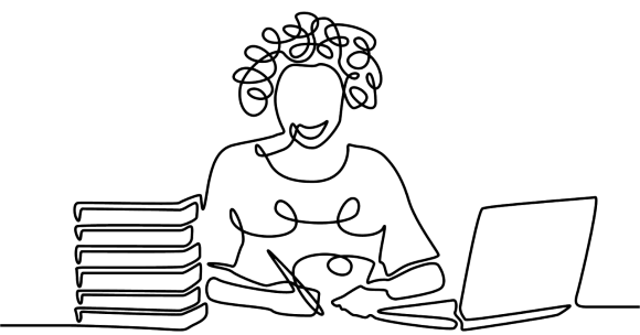 Illustration of woman studying with books and her laptop