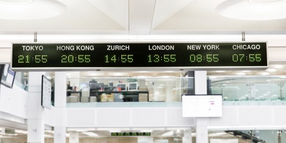 Clock with different time zones (Tokyo Hong Kong Zurich London New York Chicago). Trading floor London.