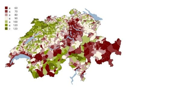 The chart shows the number of square meters a household with median income can finance under the affordability rules. Assuming median prices, properties of 100 square meters or more are only affordable in 34% of all municipalities. In many central locations, especially around Zurich, Lake Geneva, and central Switzerland and the tourist regions, the number is much lower. Sources: ESTV, Wüest Partner