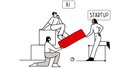 Ilustración de personas moviendo un bloque que conecta “AI” con “Startup”