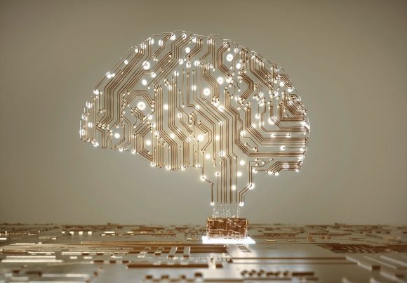 Ilustración de un cerebro formado por circuitos electrónicos sobre una placa