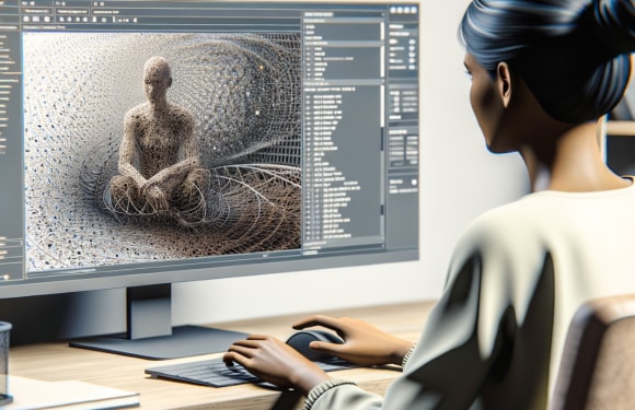 Mujer trabajando en modelado 3D de una figura humana en la computadora