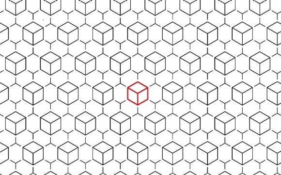 Ilustração de vários cubos pretos, com apenas cubo vermelho no centro