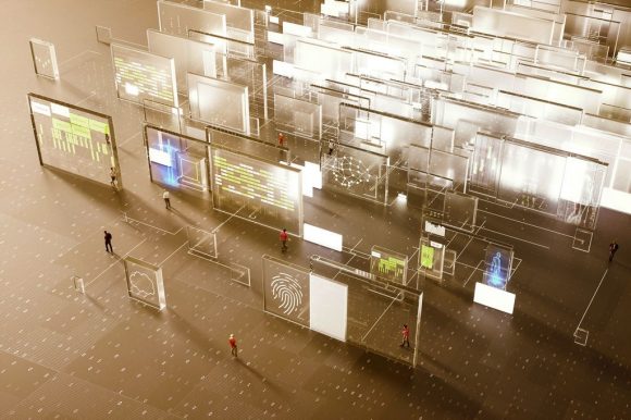 Painéis digitais transparentes com dados em ambiente futurista