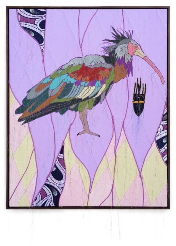 ‘African Bird Magic (Bald Ibis),’ 2023年 拼布、貼花、刺繡和蠟染印花棉布