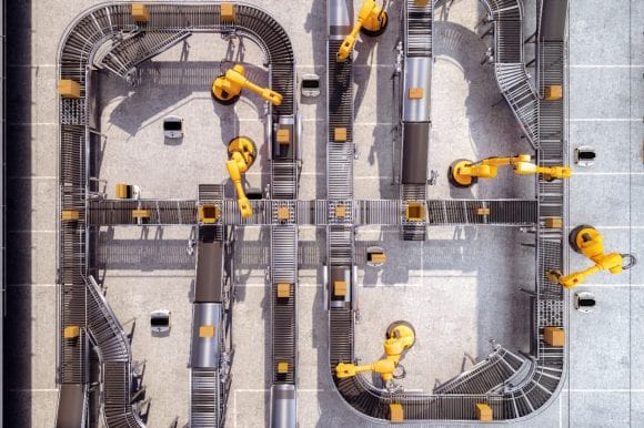 A decorative picture a production line operated by robots