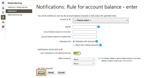 Save notification rule on ebanking