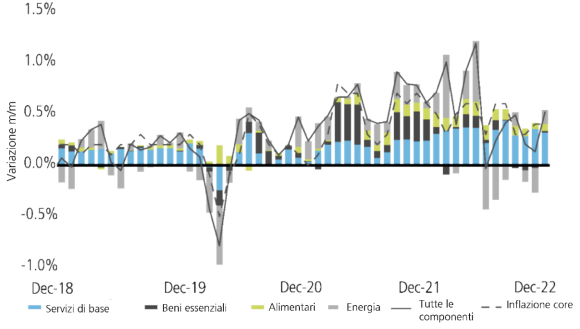 Grafico a linee e a barre combinato che mostra l'andamento mensile dei prezzi al consumo negli Stati Uniti, insieme alle sue parti costitutive principali come "servizi principali", "beni di base", "cibo" ed "energia".