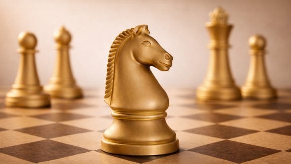 Pedine su una scacchiera con un cavallo in primo piano 