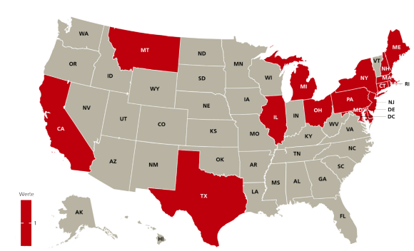 Eine Karte von 17 US-Bundesstaaten und -Rechtsgebieten, einschliesslich Washington DC, mit deregulierten Strommärkten