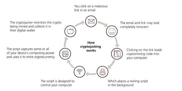 A flow chart illustrating how cryptojacking malware infiltrates a device, hijacks its computing resources, and silently mines cryptocurrency without the user’s knowledge.