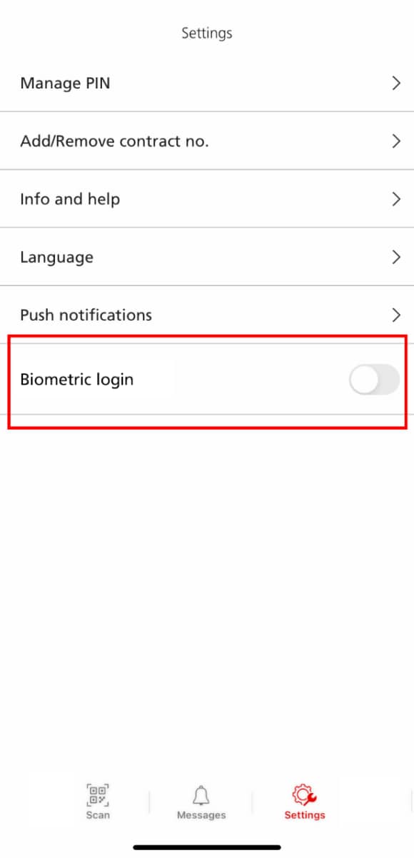 Settings. Biometric login
