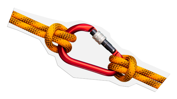 A red carabiner, as used in climbing, symbolizes safety.