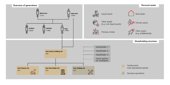 Schematic representation of the asset structure of a Swiss family with a company and various financial assets.